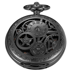 Whodoit Black Gear Double Cover Mens Mechanical Pocket Watch Double Cover Roman Design Dial Chain Mechanical Pocket Watch