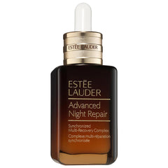 anti-aging hyaluronic acid serum bottle featuring Estée Lauder Advanced Night Repair with pipette for skincare.