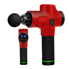 Red electric muscle massage gun with a round attachment and an LCD screen controller for muscle recovery.