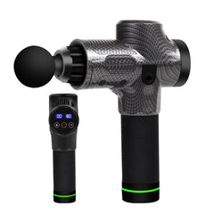 Carbon fiber electric muscle massage gun with a round head attachment and LCD display panel for soreness relief.