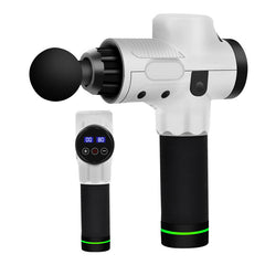 White and black electric muscle massage gun with a round massage head attachment and digital control display screen