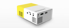Compact yellow and white 1080p mini projector showing side connection ports including HDMI and USB.