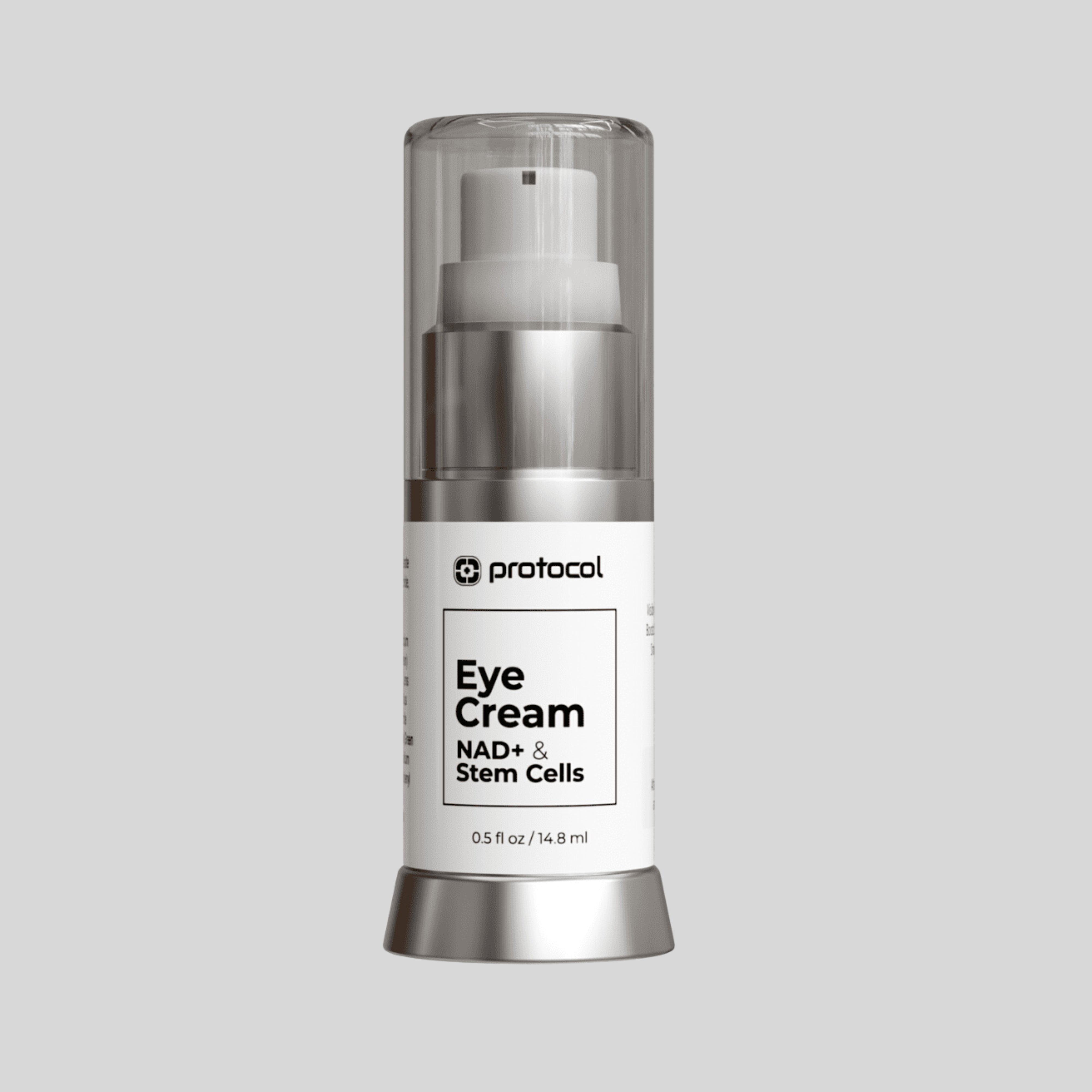 NAD stem cell eye cream in a dispenser designed to reduce puffy eyes and dark circles for a refreshed appearance.