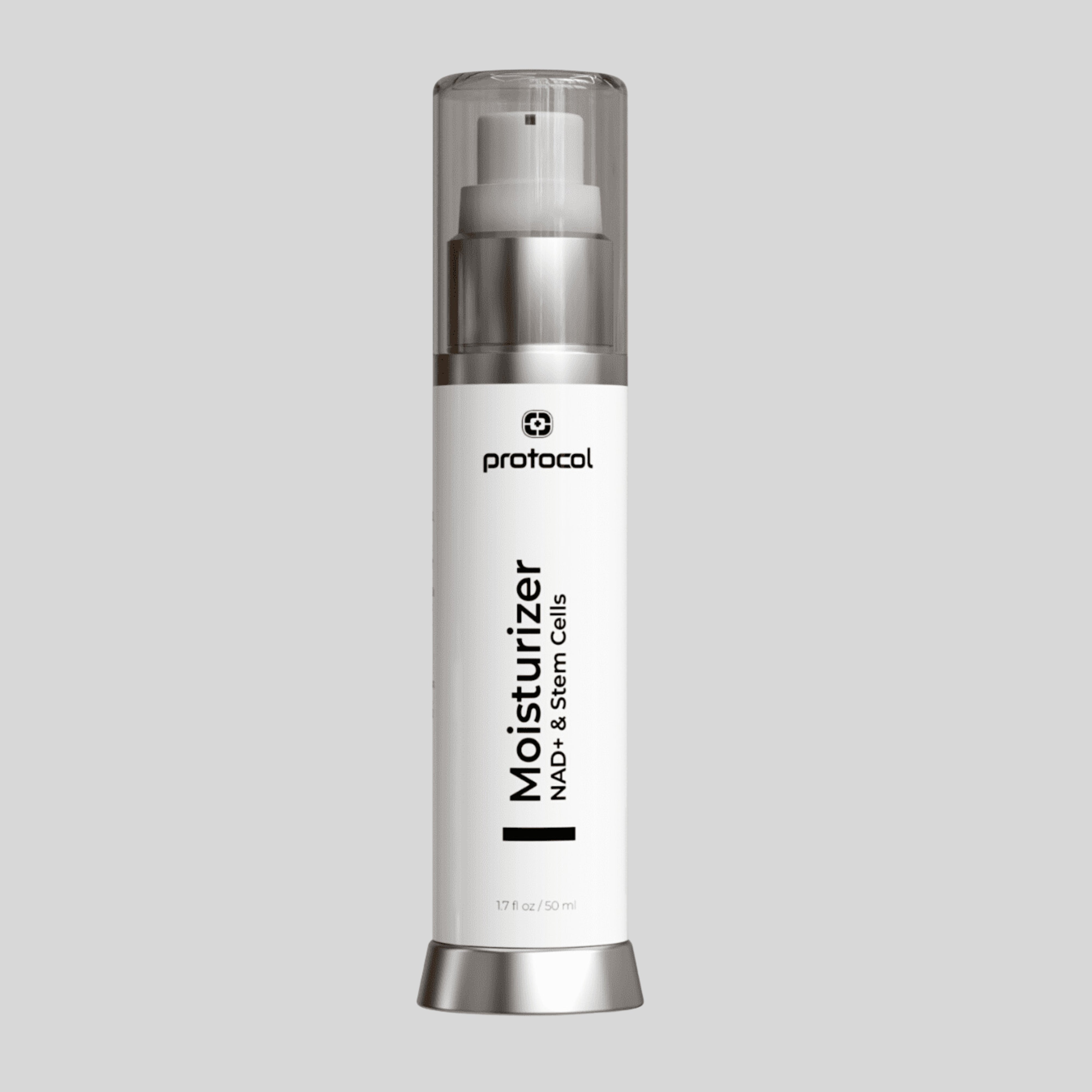 NAD & Stem Cell Moisturizer in a sleek pump bottle for deep hydration and revitalization.