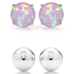 2-Pairs: Pink Opal Stud and Sterling Silver Ball Stud Set