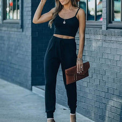 2-Piece: Women's Casual Outfit Ribbed Spaghetti Strap Top Ankle Length Joggers Sets