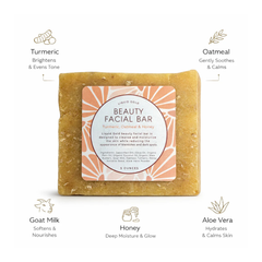 Liquid Gold turmeric honey facial bar surrounded by its key ingredients: turmeric, oatmeal, goat milk, honey, and aloe vera.