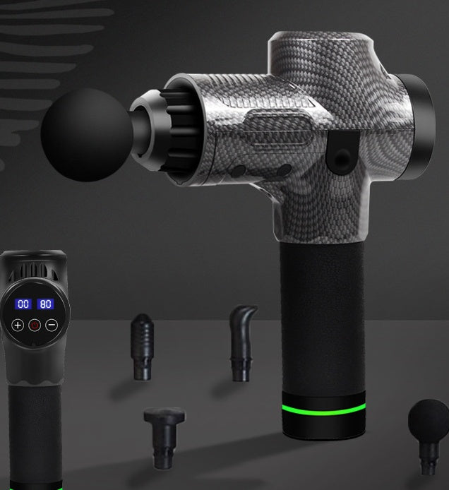 Carbon fiber electric muscle massage gun with interchangeable attachment heads and LCD screen display for muscle recovery.
