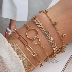 4-Pieces: Vintage Leaf Pendant Hand Chain Bracelet Set For Women