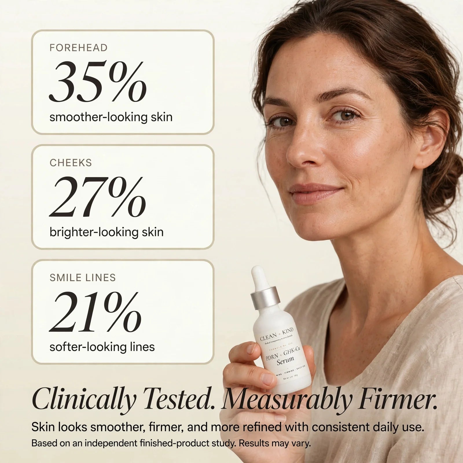 Woman with copper peptide serum for skin showing results: smoother skin, brighter skin, and softer smile lines.