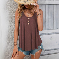 Women's Solid Color Round Neck Sleeveless Casual Button-up Top