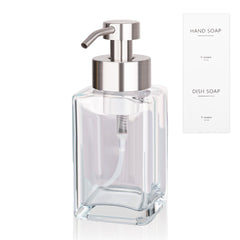 Foaming Soap Dispenser with Stainless Steel Pump 12oz Refillable Glass Liquid Dish Soap Bottles for Bathroom Kitchen Sink Home Decor