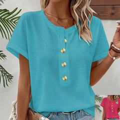 Buttoned Crew-neck Batwing-sleeve Loose-fit T-shirt Top