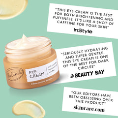 UpCircle Full House Bundle eye cream in jar with cucumber and hyaluronic acid surrounded by quotes on its benefits