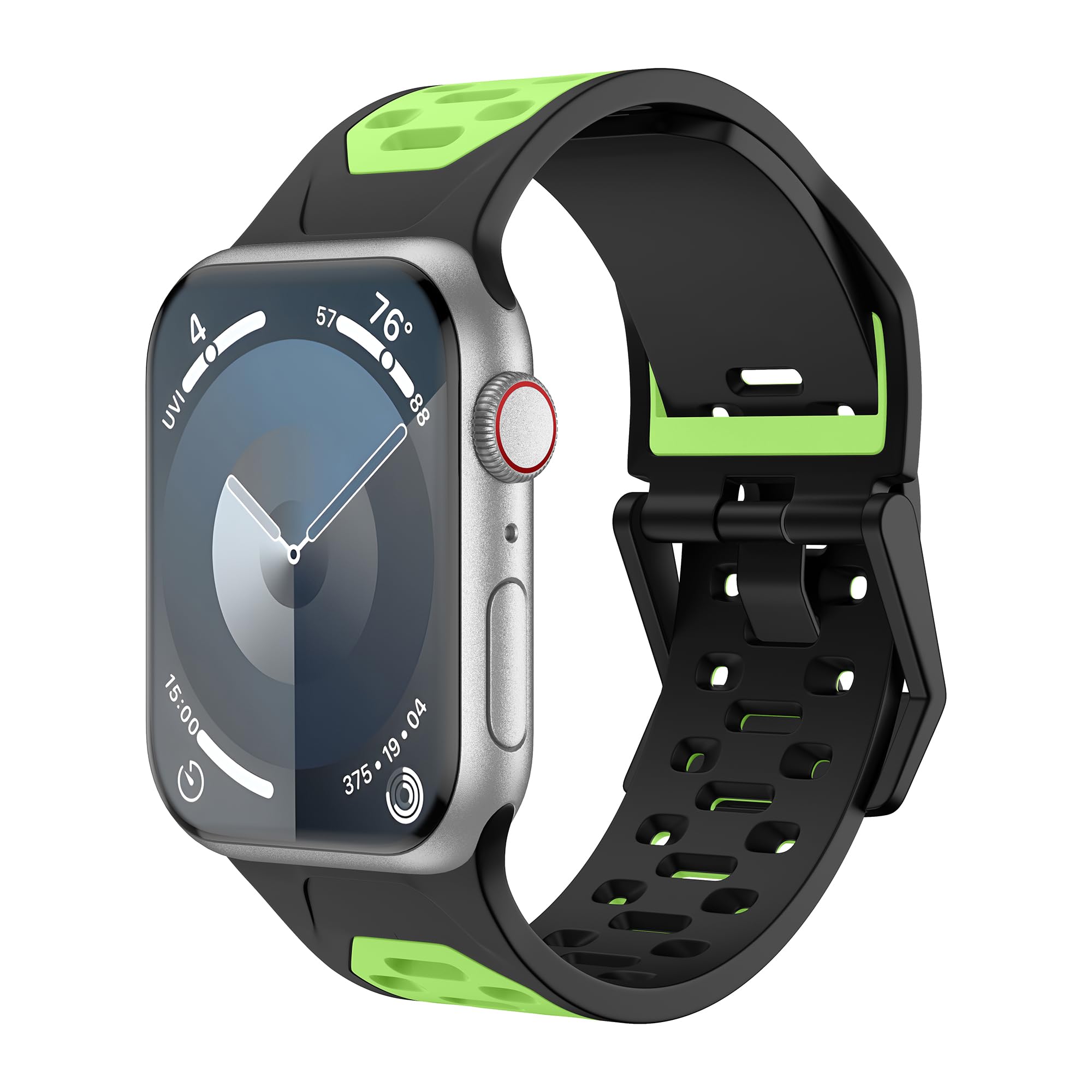 Black and Green breathable silicone Apple Watch band, sizes 42mm/44mm/45mm/49mm