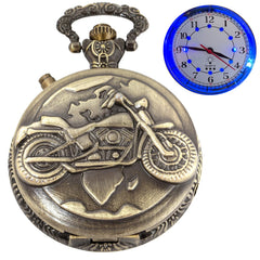 Cool Motorcycle Design Pocket Watch with LED Lights Creative Quartz Arabic Numeral Dial for Mens Pocket Watch