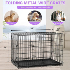42 Inch Dog Crate, Double Door Folding Metal Wire Dog Cage with Divider and Tray, Pet Kennel Cage for Large Medium Small Dogs, L