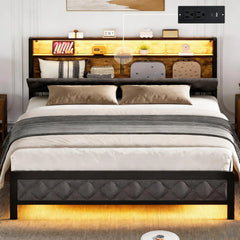 Queen Size Bed Frame with Storage Headboard and Charging Station, Upholstered Bed Frame Queen Size with LED Lights, Platform Bed