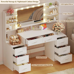 Large Vanity Desk with Mirror, White Makeup Vanity with 8 Drawers & 6 Storage Shelves, Vanity Set