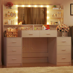 Large Vanity Desk with Mirror, White Makeup Vanity with 8 Drawers & 6 Storage Shelves, Vanity Set