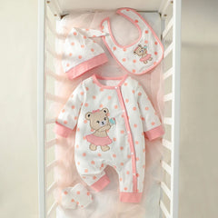4PCS Newborn Baby girl lovely and sweet Polka dot printingPatch Bear autumn Cute jumpsuits+Hat+Bib