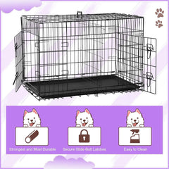 42 Inch Dog Crate, Double Door Folding Metal Wire Dog Cage with Divider and Tray, Pet Kennel Cage for Large Medium Small Dogs, L