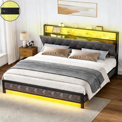 Queen Size Bed Frame with Storage Headboard and Charging Station, Upholstered Bed Frame Queen Size with LED Lights, Platform Bed