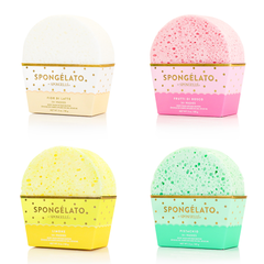 gelato body wash sponges displayed in assorted colors and flavors including Fior di Latte, Frutti di Bosco, Limone, and Pistachio.