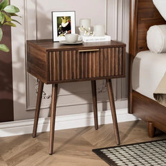 Night Stand with Charging Station & Led Light, 19" W Fluted Nightstand Round Edge, Wood Nightstand Mid Century Modern End Table,