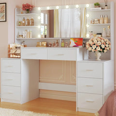 Large Vanity Desk with Mirror, White Makeup Vanity with 8 Drawers & 6 Storage Shelves, Vanity Set