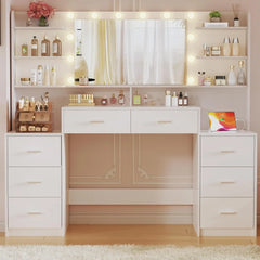 Large Vanity Desk with Mirror, White Makeup Vanity with 8 Drawers & 6 Storage Shelves, Vanity Set
