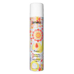 Amika Fluxus Touchable Hairspray 8oz packaging, featuring colorful design and flexible hold hairspray label.