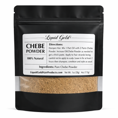 Liquid Gold 100% natural African Chebe powder for hair growth in a black pouch