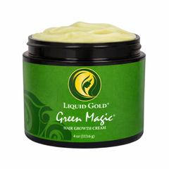 Open jar of Liquid Gold Green Magic hair growth cream showing the pale green formula that strengthens and moisturizes thinning edges.