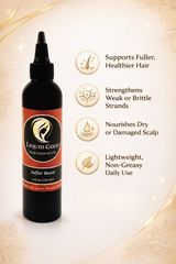 Liquid Gold sulfur infused hair growth oil. Strengthens weak strands, nourishes damaged scalp, and supports fuller, healthier hair.