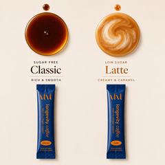 Vivi Longevity Coffee+ Classic and Latte sachets. Delicious collagen instant coffee blended with antioxidants.