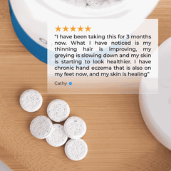 Testimonial from Cathy on copper peptide skin health tablets with improved skin and healthier hair after 3 months of use.