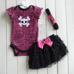Skull Summer Infant Kids Girls Clothing Sets Bodysuits +Tutu Skirt + Headband 3 Piece Suits Leopard Baby Girl Clothes
