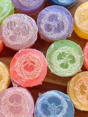 natural loofah soap bar assortment with vibrant colors