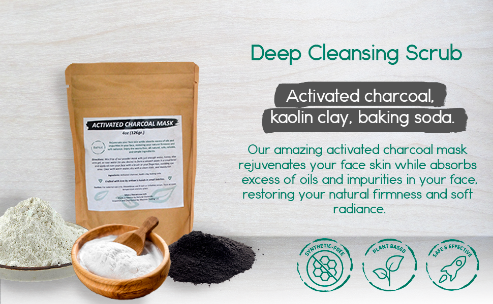 Activated charcoal face mask with kaolin clay and baking soda for deep cleansing and rejuvenating the skin.