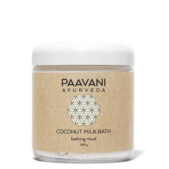 Ayurvedic coconut milk bath soak in a jar labeled for bathing ritual by Paavani Ayurveda.