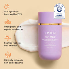 AHA skincare bundle with SPF featuring PEP TALK barrier cream on a smooth surface highlighting hydration benefits.