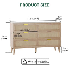 47.2" Rattan 6 Drawer Dresser Mid Century Modern Chest Of Drawers With Gold Handles Large Storage Dresser For Bedroom Entryway