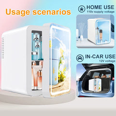 Portable mini makeup refrigerator showcasing usage scenarios at home and in a car for skincare storage | H.E.A.L Hair Care