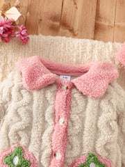 Baby Thick Double-Sided Fleece Doll Collar Romper Set Sweet 3D Strawberry Pocket Cable Knit Romper + Matching Warm Hat Soft and Warm for Winter Outings
