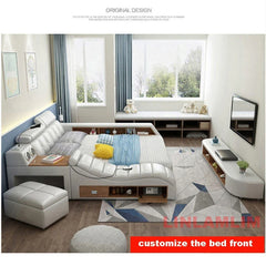 MINGDIBAO All In One Bed, Luxury Multifunctional Genuine Leather Bed Frame with Tatami, Tech Smart Ultimate Lit 2 Personnes