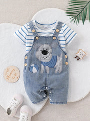 Baby Boy Striped T-Shirt + Cartoon Bear Denim Overalls Set, Cute Summer Casual Outfit for Going Out