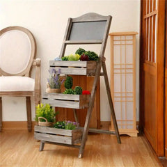 Folding Wood A-Frame Pavement Chalkboard With 3 Tier Ladder Plant Stand Shelf
