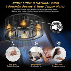 Reversible 6 Speed Ceiling Fan Lights with Remote Control Black Cage Flush Mount Fandelier Rustic Farmhouse Lighting
