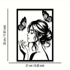 Metal Wall Art with Woman & Butterfly – Elegant Framed Decor for Room, Patio, Terrace, Perfect Gift for Her